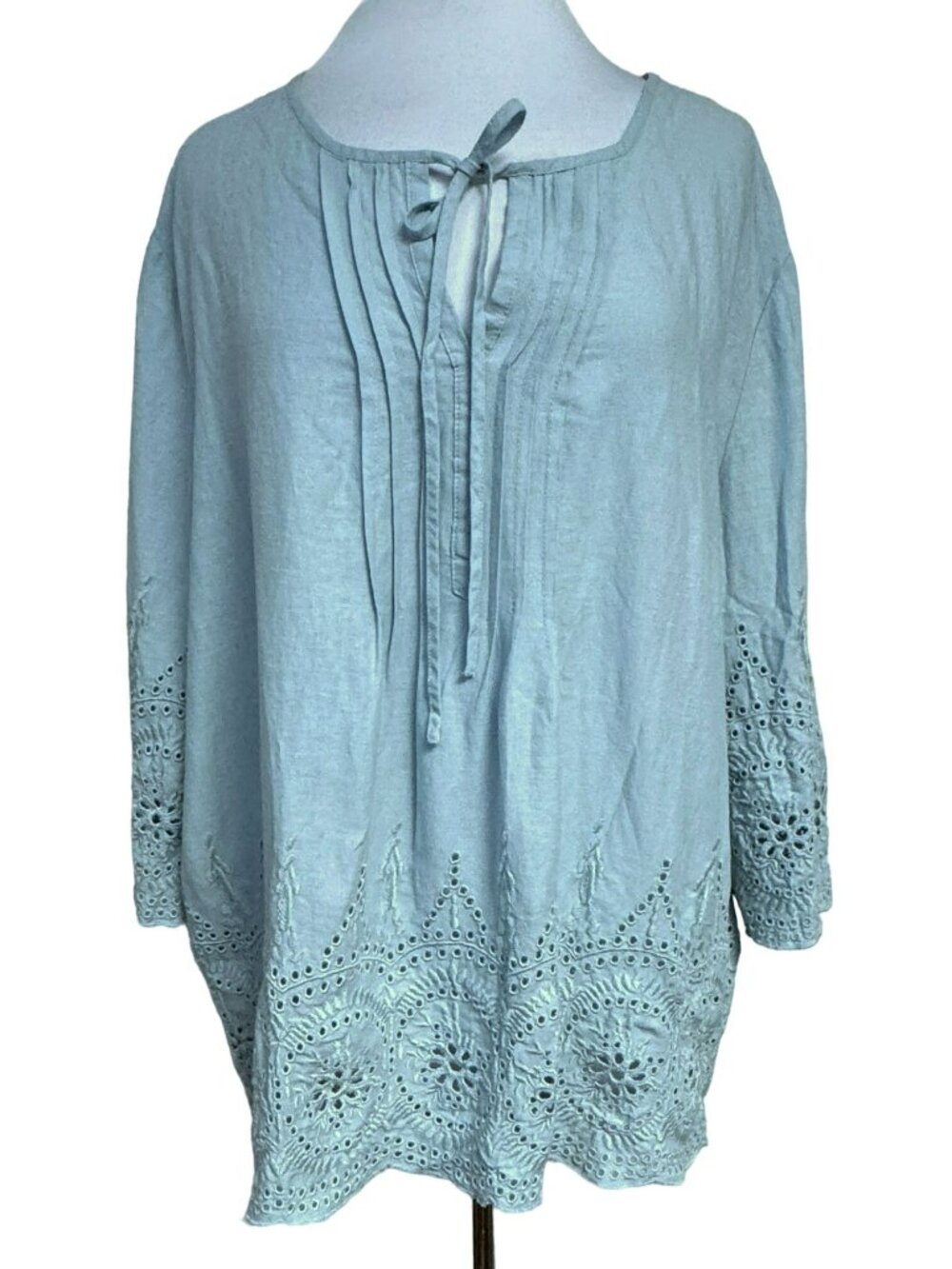 Saint Tropez West Eyelet Linen Blend Pullover Peasant Blouse Top Sz 2X Sky Blue